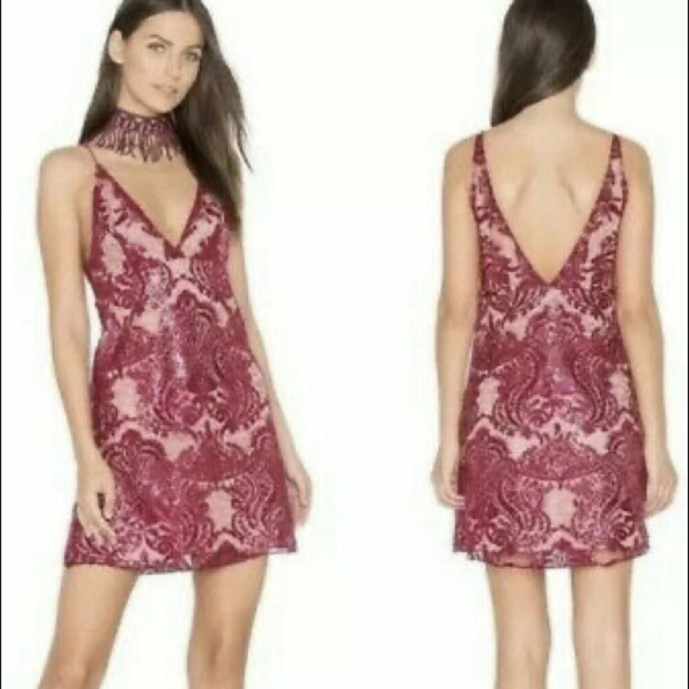 Free People Pink Sequin Dress Party Mini Spaghetti Strap Shift Size 10